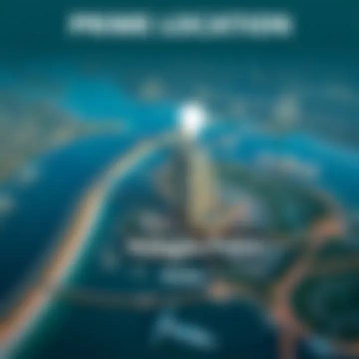 Aerial view of Dubai highlighting the location of Adagio Palm