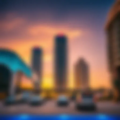 Stunning view of Bay Central's architecture at sunset