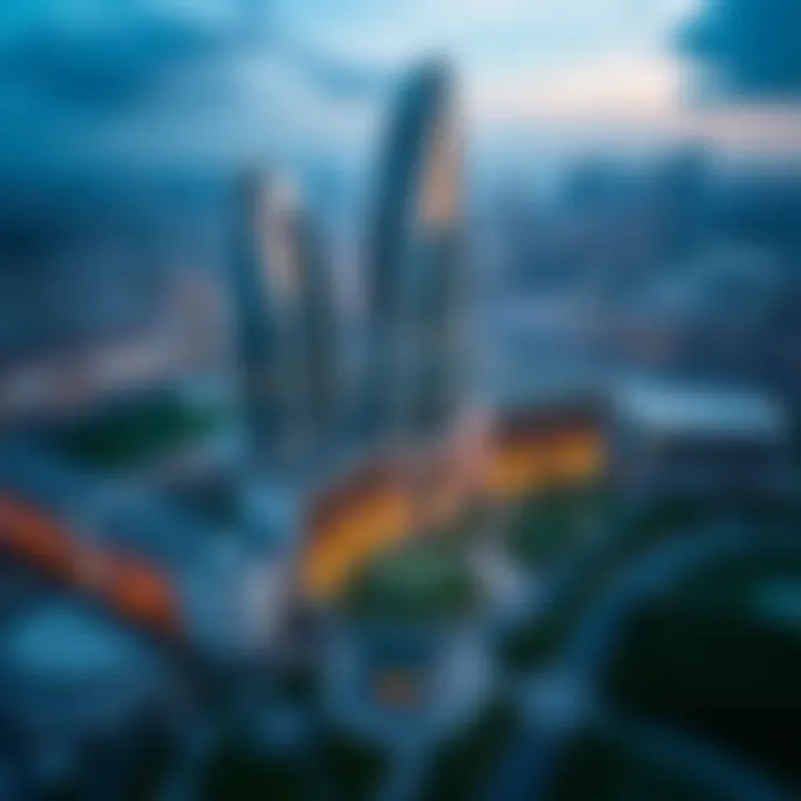 Aerial view of BM Towers showcasing its modern design and intricate architecture