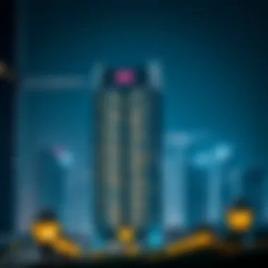 Nighttime view of BM Towers illuminated against the Dubai skyline