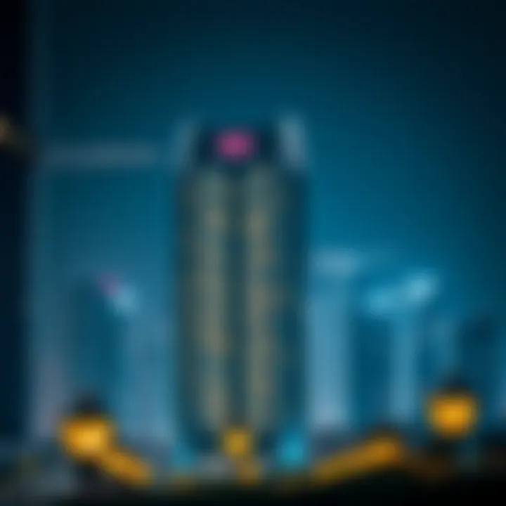 Nighttime view of BM Towers illuminated against the Dubai skyline