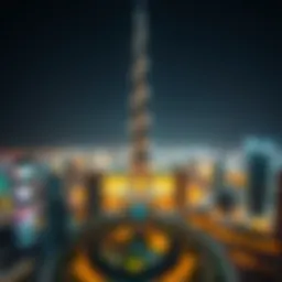 A panoramic view of Burj Khalifa illuminated at night