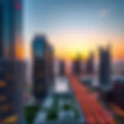 Skyline view of Business Central Towers at sunset