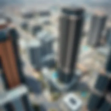 Aerial View of Innovative High-Rise Development Aerial view of a modern high-rise building project in Dubai