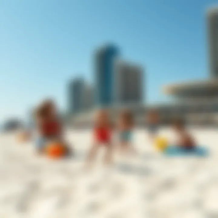 Families enjoying beach games and activities under a clear blue sky.