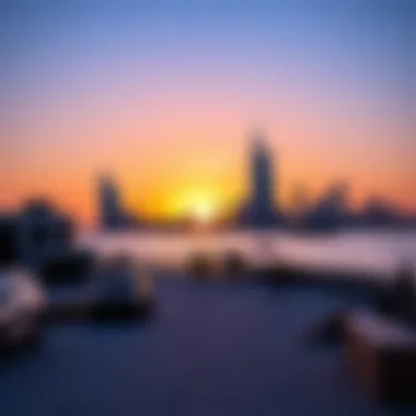 A vibrant sunset view over the Jumeirah Beach, showcasing the skyline of Dubai.