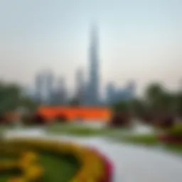 A stunning view of Burj Park showcasing the iconic Burj Khalifa in the background