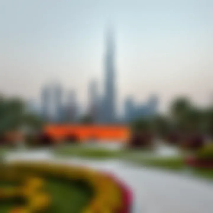 Burj Park with Burj Khalifa A stunning view of Burj Park showcasing the iconic Burj Khalifa in the background