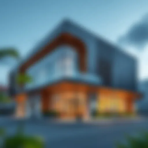 A modern business centre exterior showcasing innovative architecture