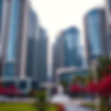 Architectural details of buildings surrounding DIFC Central Park, highlighting modern design.