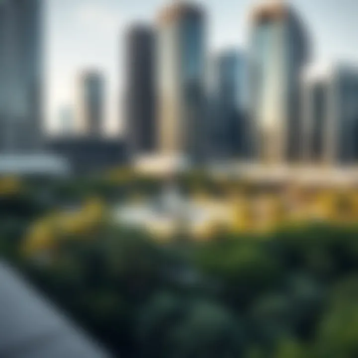 Panoramic view of DIFC Central Park showcasing its lush greenery and urban landscape.