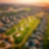 A stunning aerial view of Jumeirah Golf Estates showcasing its lush green fairways and luxury homes