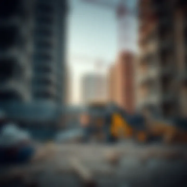 The Heart of Development: Construction in Progress Close-up of a property development project with construction workers and machinery in action