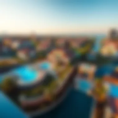 Aerial View of Upscale Neighborhoods in Dubai Aerial view of an upscale neighborhood in Dubai featuring luxury villas and pools