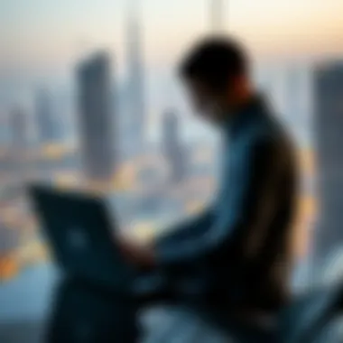 Investor Data Analysis with Dubai Skyline An investor analyzing data on a laptop with Dubai skyline in the background
