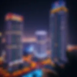 Panoramic view of Sahara Towers illuminated at night