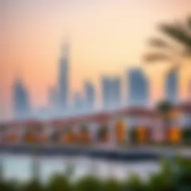 Dubai skyline with beach houses in foreground