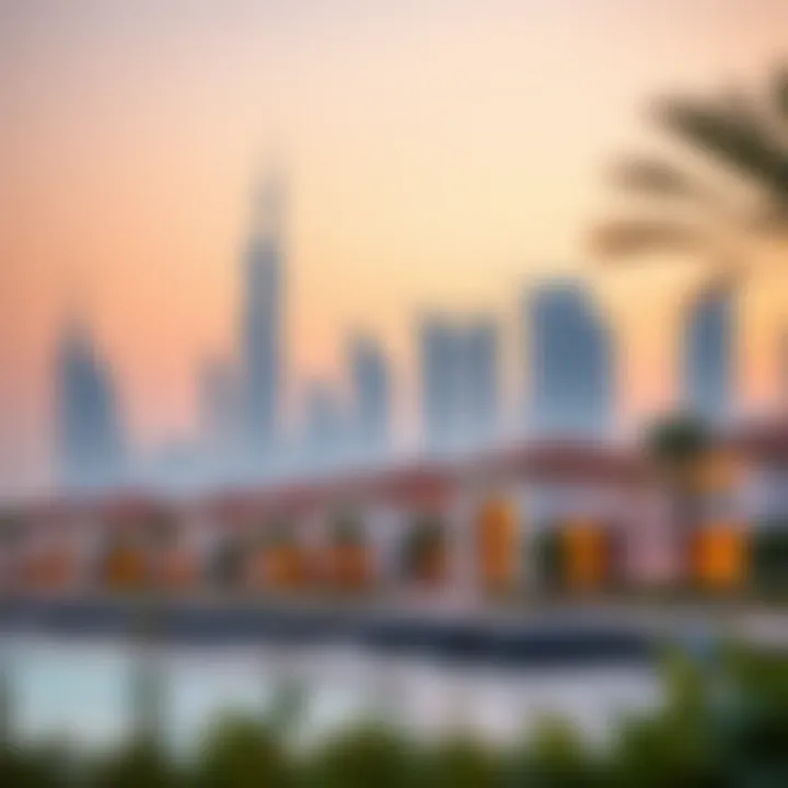 Dubai skyline with beach houses in foreground