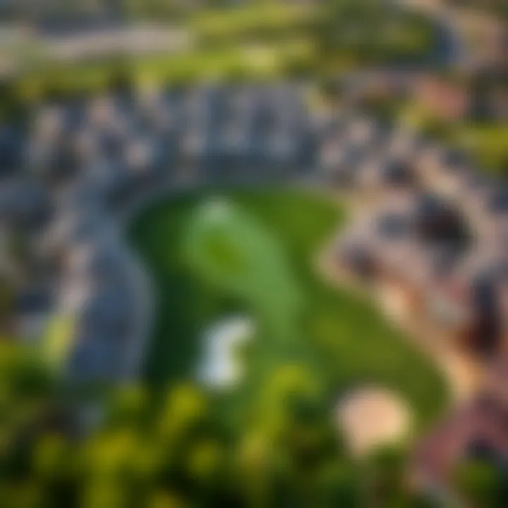Aerial view of golf course integrated within a residential area