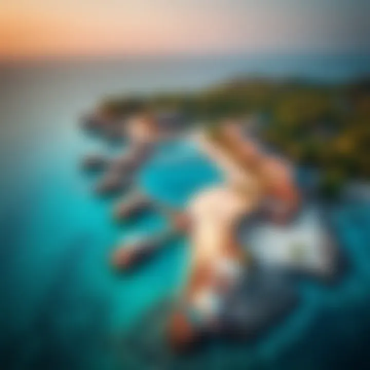 Aerial view showcasing the luxury villas and pristine beaches of Zuha Island